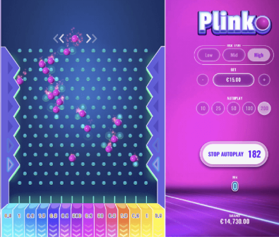 Plinko von Ela Games kommt mit einem trichterförmigen Spielfeld und einem beweglichen Ball-Einwurf oberhalb des Bretts.